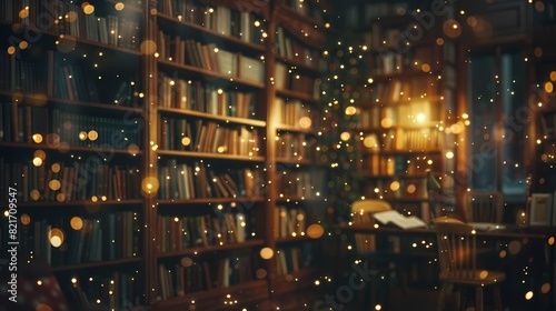 A cozy scene of a cozy corner in a cozy library, with a defocused backdrop of gently glowing particles