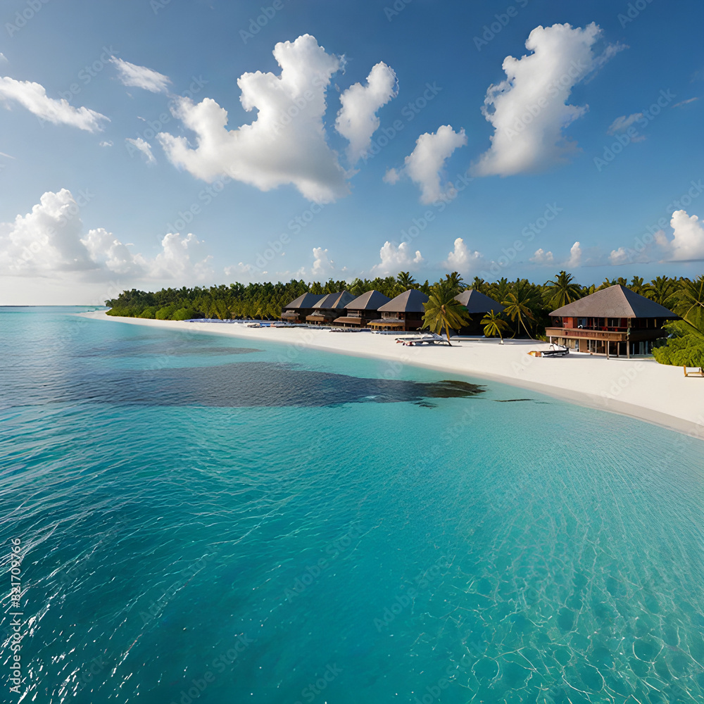 Fototapeta premium Looking down the coast on a tropical island with rainforest trees perched next to the beach 