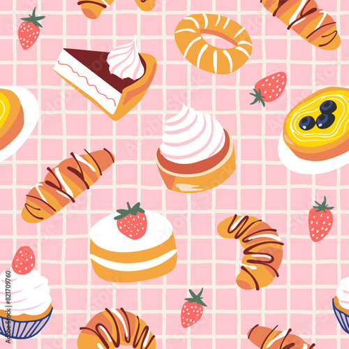 Hand drawn vintage dessert food seamless pattern. Sweet pastry background illustration with retro bakery goods, cup cake wallpaper.	Bistro design texture, restaurant print.