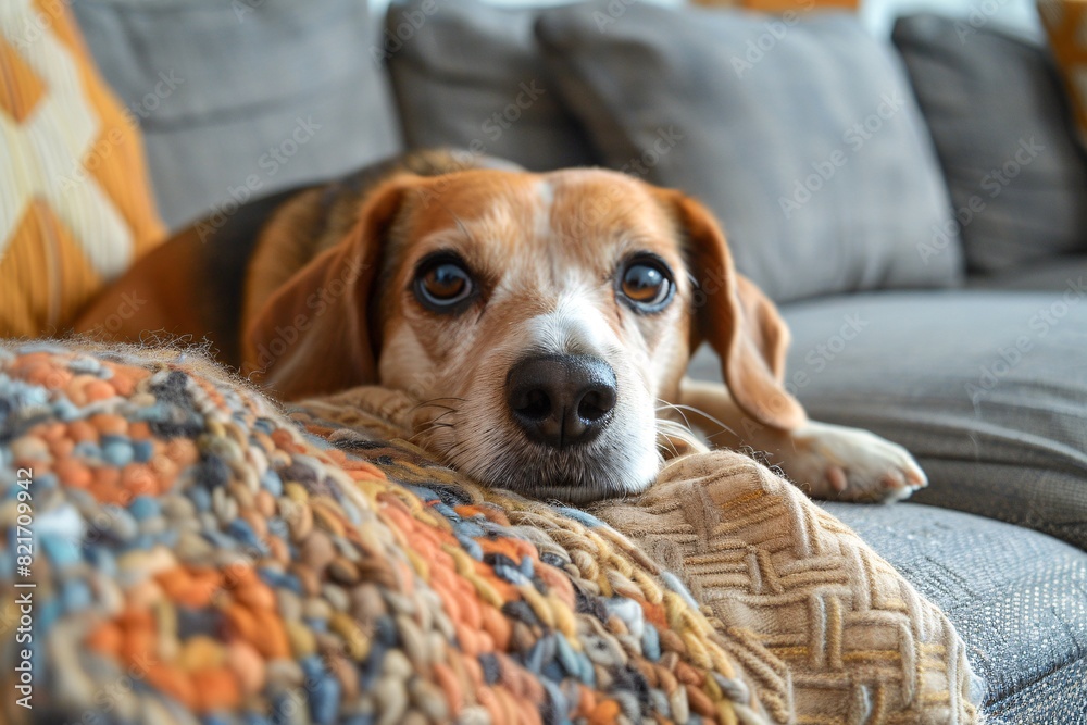 A content Beagle explores a cozy, welcoming lounge with a inquisitive look. A content Beagle explores a cozy, welcoming lounge with a inquisitive look.