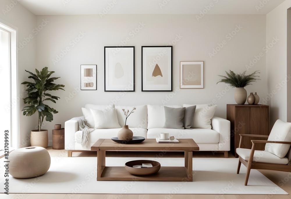 A modern and minimalist living room with a large white sofa, a wooden coffee table with decorative items, and a mockup wall. 3D Rendering A modern and minimalist living room with a large white sofa, a wooden coffee table with decorative items, and a mockup wall. 3D Rendering