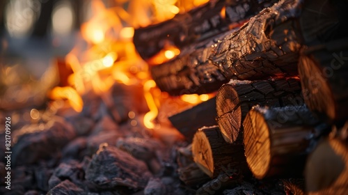 Closeup of a glowing campfire with burning logs and intense flames creating a warm and cozy atmosphere in an outdoor setting captured by generative ai 