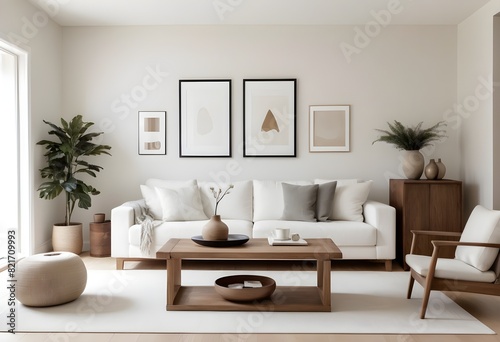 A modern and minimalist living room with a large white sofa, a wooden coffee table with decorative items, and a mockup wall. 3D Rendering © Sharif54