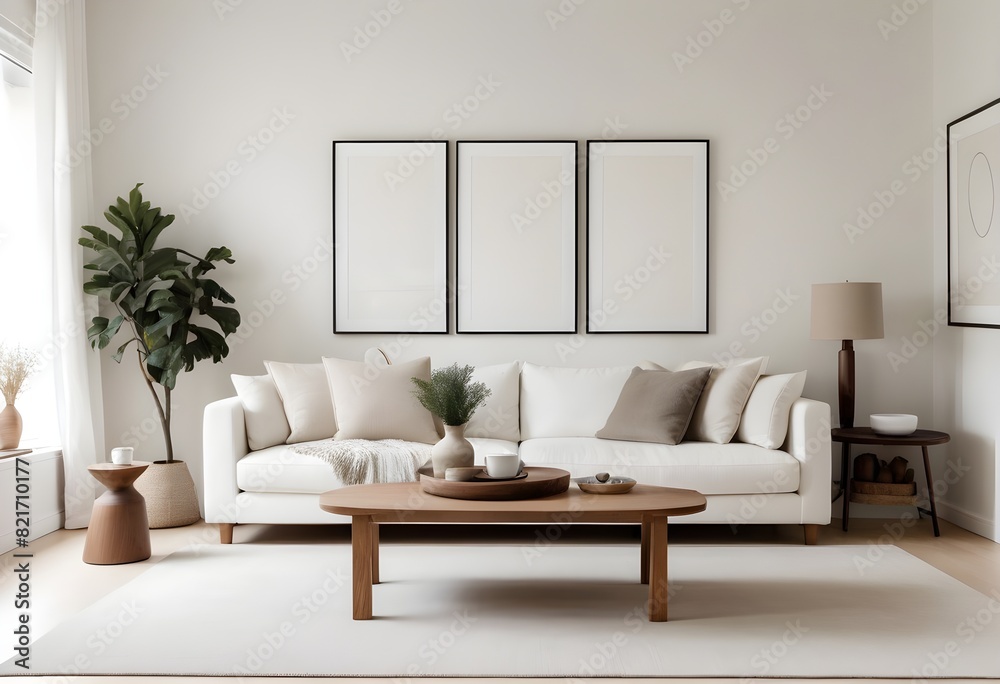 A modern and minimalist living room with a large white sofa, a wooden coffee table with decorative items, and a mockup wall. 3D Rendering