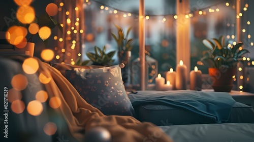 A cozy scene of a cozy corner in a cozy living room, with a defocused backdrop of gently glowing particles