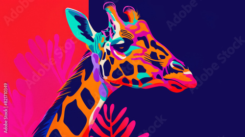 Illustration portrait of a giraffe in trendy colorful psychedelic surreal colors