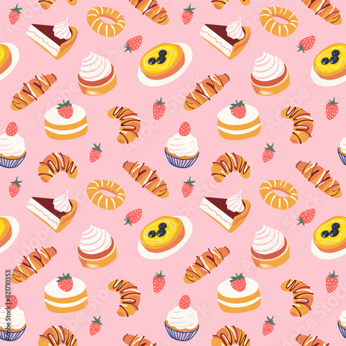 Hand drawn vintage dessert food seamless pattern. Sweet pastry background illustration with retro bakery goods, cup cake wallpaper.	Bistro design texture, restaurant print.