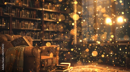 A cozy scene of a cozy corner in a cozy library, with a defocused backdrop of gently glowing particles