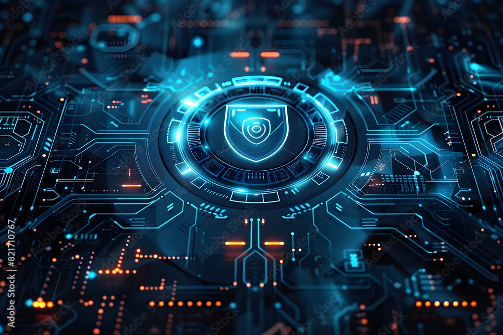 Futuristic blue cyber security concept with a shield symbol centered on a digital interface. AI Futuristic blue cyber security concept with a shield symbol centered on a digital interface. AI