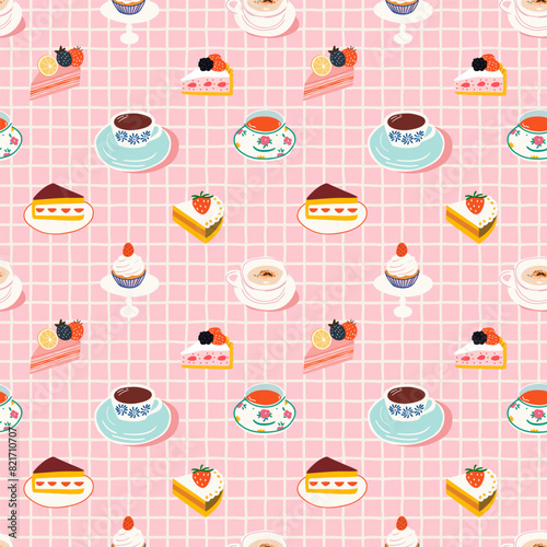 Hand drawn vintage dessert food seamless pattern. English tea cup background illustration with retro coffee mug, sweet cake wallpaper texture print.	