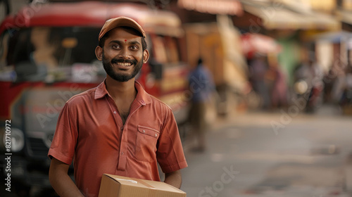 A Indian delivery man wearing a hat holding a delivery box, smiling and approaching, with a delivery truck