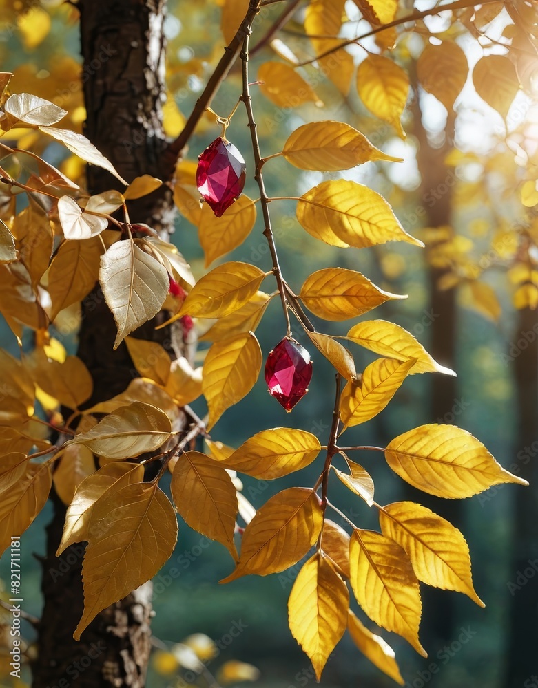 Golden Sunlit Dance: Vibrant Autumn Leaves and Crimson Jewels