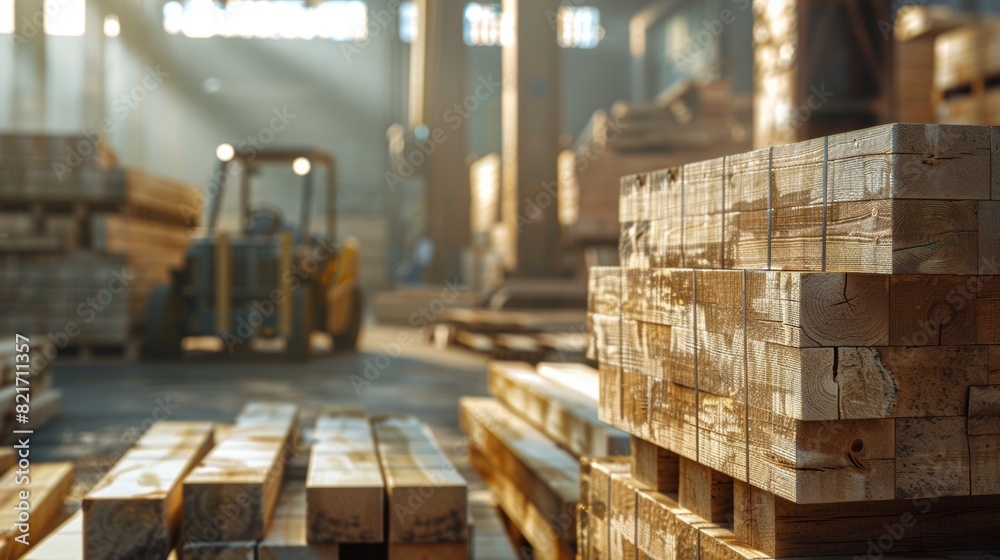 Stacks of lumber in a sunlit warehouse with a forklift in the background highlighting the industrial environment of wood processing and construction materials storage Stacks of lumber in a sunlit warehouse with a forklift in the background highlighting the industrial environment of wood processing and construction materials storage