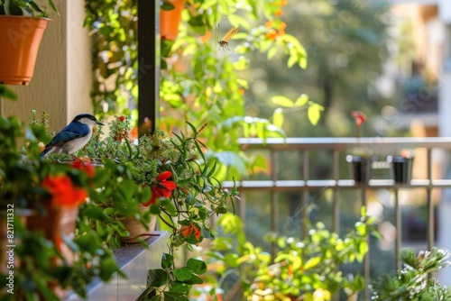 A city balcony transformed into a mini-garden with plants  flowers  and a blue bird.