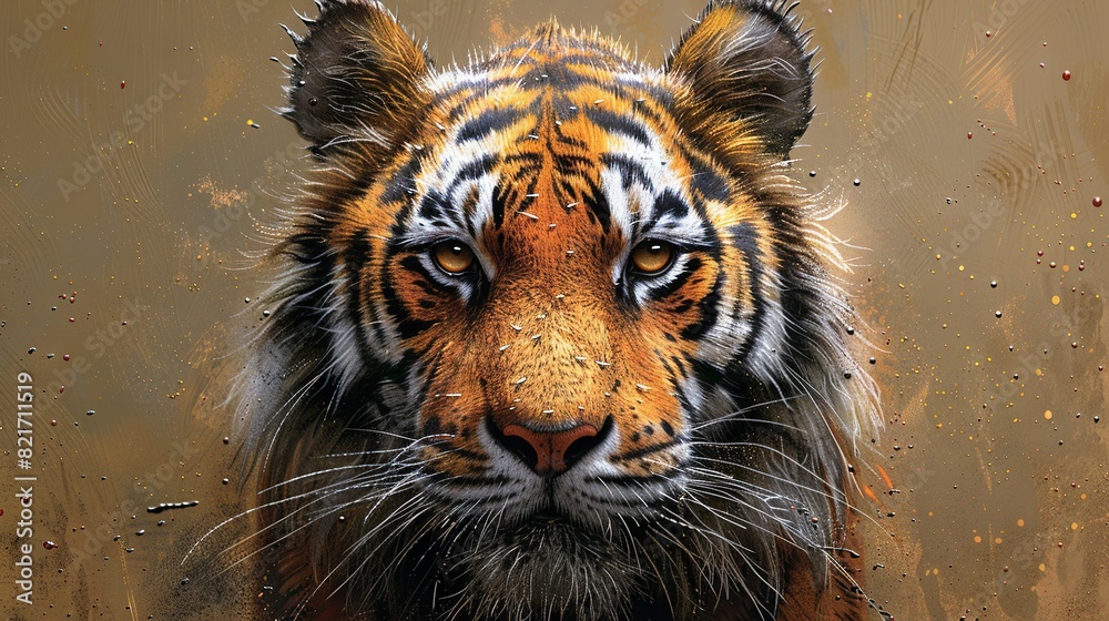 Naklejka premium A close-up photo of a tiger's face with water droplets on its fur against a brown backdrop