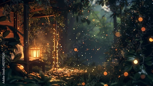 A cozy scene of a cozy corner in a mystical forest, with a defocused backdrop of gently glowing particles