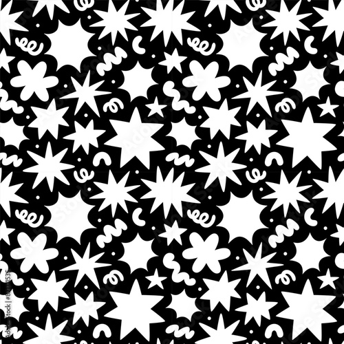 Abstract organic shape seamless pattern with black and white geometric doodles. Flat cartoon background  simple random shapes print texture.