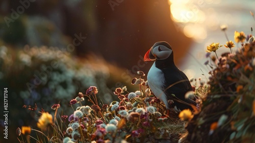 A seabird (Puffin) at dusk in Iceland perched by plants and vegetation. photo