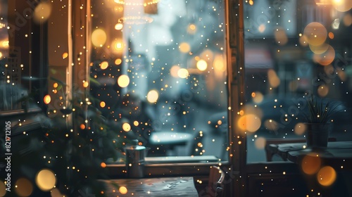 A cozy scene of a cozy corner in a cozy cafe, with a defocused backdrop of gently glowing particles