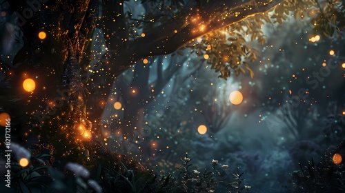 A cozy scene of a cozy corner in a mystical forest, with a defocused backdrop of gently glowing particles