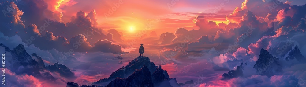Graduate Standing on Mountain Peak at Sunrise Surrounded by Clouds