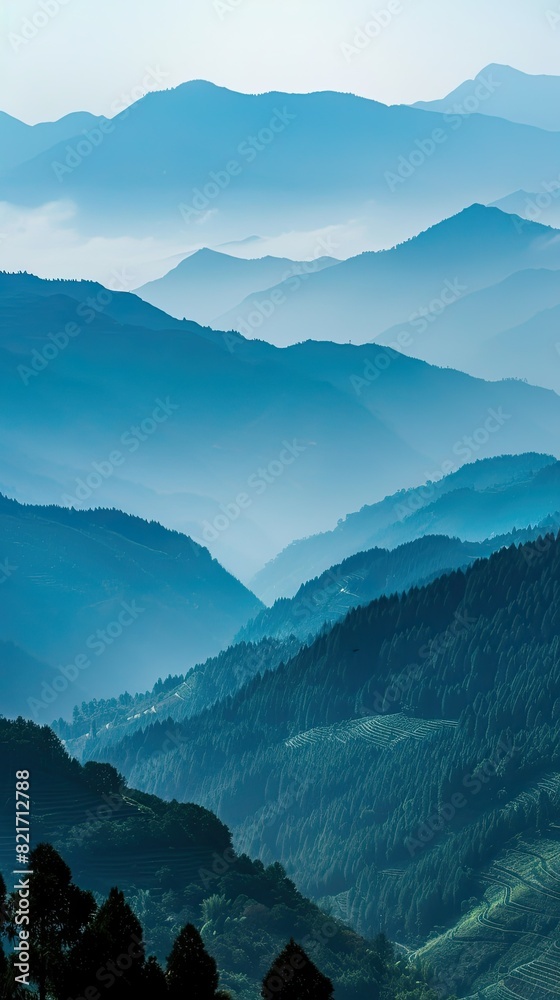 Hazy mountain landscape in morning mist