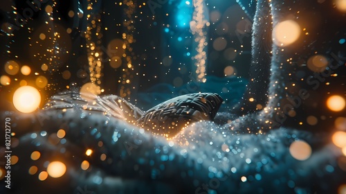 A cozy scene of a cozy corner in a futuristic spaceship, with a defocused backdrop of gently glowing particles