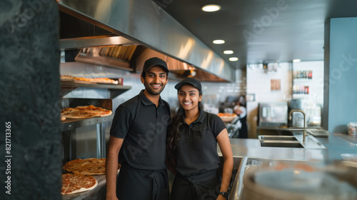 Indian male and female pizza makers standing together © Niks Ads