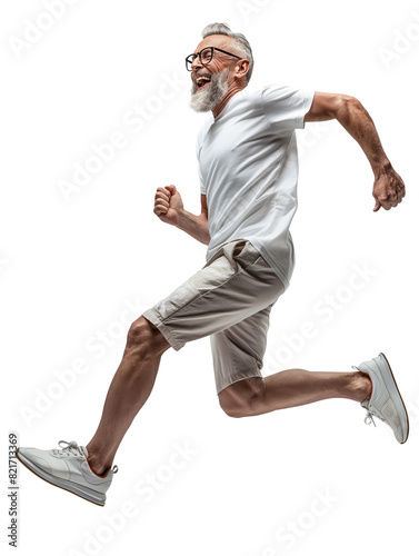 Senior Man Running in White T-Shirt and Shorts