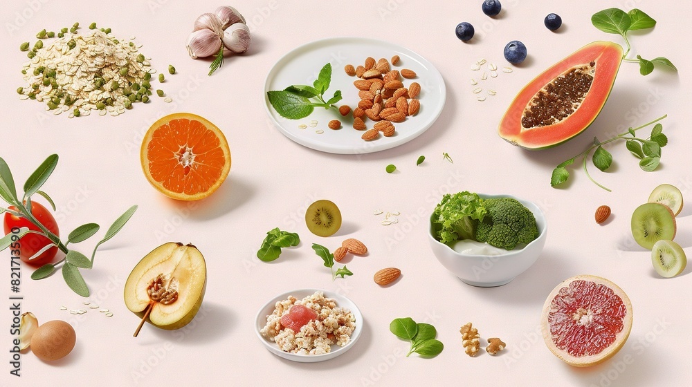 A table topped with fruits and vegetables, a bowl of nuts, and a plate of broccoli and an orange A table topped with fruits and vegetables, a bowl of nuts, and a plate of broccoli and an orange