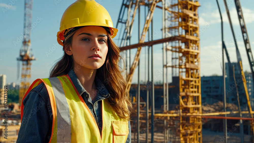 Portrait of a female construction worker on the background of a construction site Portrait of a female construction worker on the background of a construction site