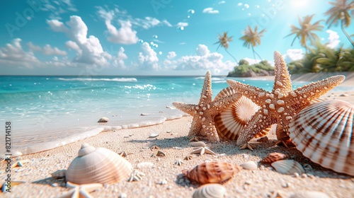  Seashells and starfish on a sandy beach with palm trees and the ocean as a backdrop