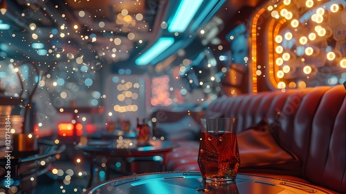 A cozy scene of a cozy corner in a futuristic spaceship, with a defocused backdrop of gently glowing particles