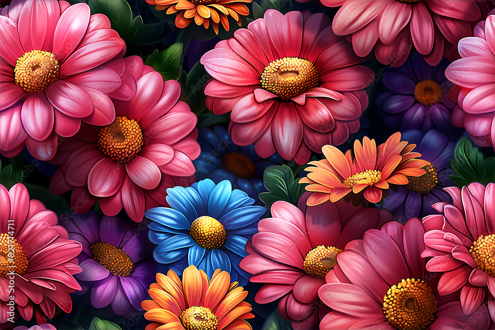 A colorful flower garden with a variety of flowers including pink, blue A colorful flower garden with a variety of flowers including pink, blue