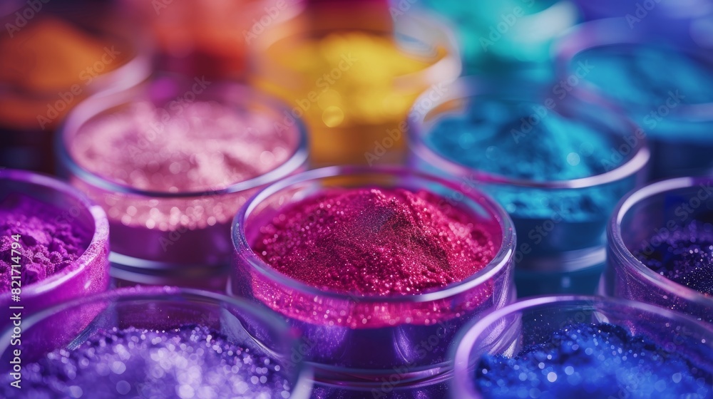 Close-up of colorful powder pigments in glass jars creating a vibrant and artistic palette perfect for art and craft projects with a focus on texture and color variety Close-up of colorful powder pigments in glass jars creating a vibrant and artistic palette perfect for art and craft projects with a focus on texture and color variety