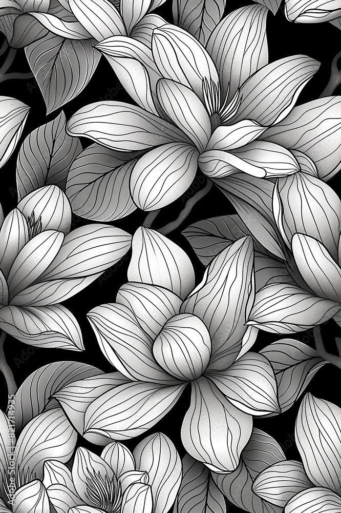A black and white floral print with a white background