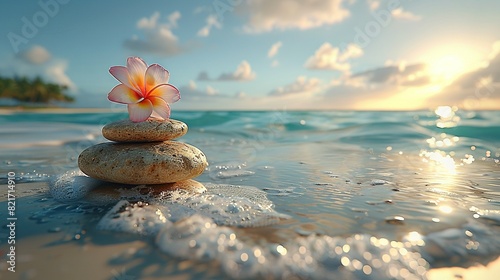   A flower resting atop rocky peak beside ocean on sandy shore photo