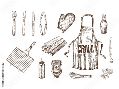 A set of hand-drawn monochrome sketches of barbecue and picnic elements, apron, barbecue grill, tools, etc. For the design of menu of restaurants and cafes. Doodle vintage illustration.