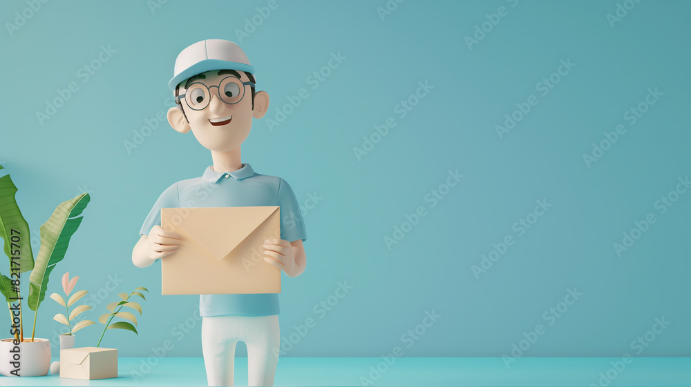 Cheerful 3D deliveryman holding a cardboard package against a pastel background with plants. Modern courier service concept illustration. Cheerful 3D deliveryman holding a cardboard package against a pastel background with plants. Modern courier service concept illustration.
