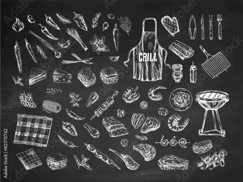 A set of hand-drawn monochrome sketches of barbecue and picnic elements. For the design of the menu of restaurants, grilled food. Doodle vintage illustration on chalkboard background.