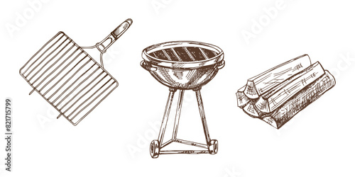 A set of hand-drawn monochrome sketches of barbecue and picnic elements, barbecue grill, firewood. For the design of the menu of restaurants, grilled food.