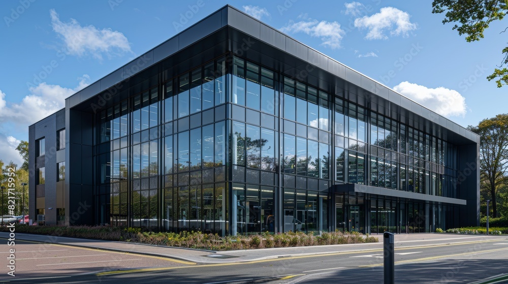 Modern glass office building with sleek architectural design and reflective windows under a clear blue sky captured in a generative ai photograph Modern glass office building with sleek architectural design and reflective windows under a clear blue sky captured in a generative ai photograph