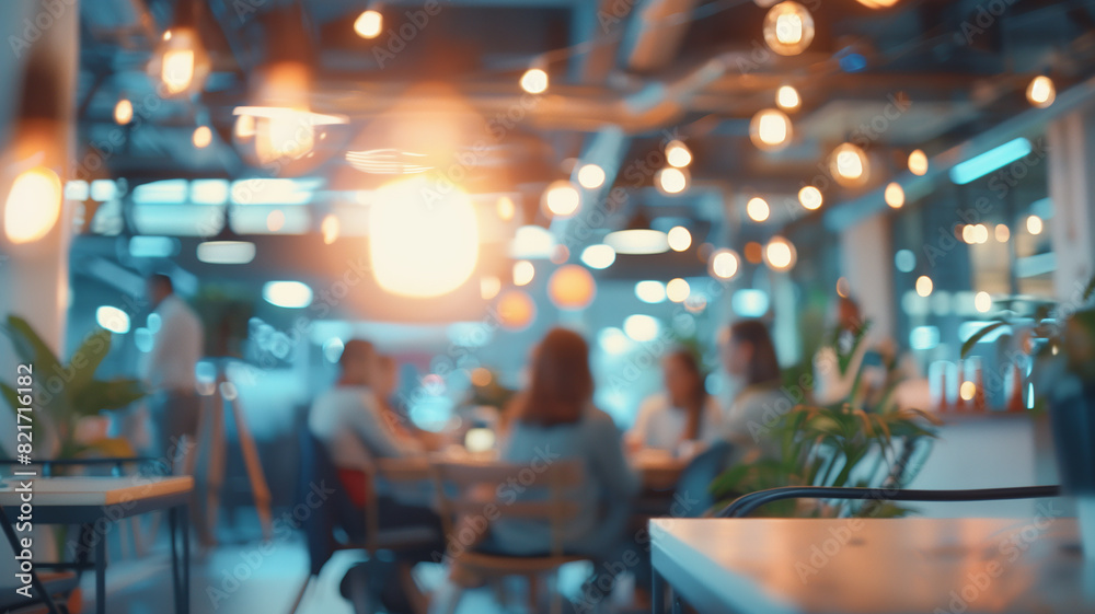 Modern coworking space with people working together and socializing, inspirational ambience with warm lighting and contemporary design. Modern coworking space with people working together and socializing, inspirational ambience with warm lighting and contemporary design.