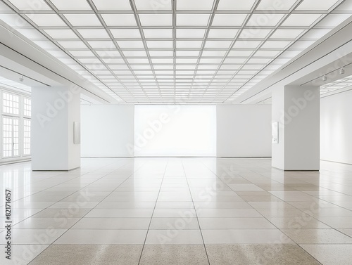 Spacious  bright  and empty art gallery with white walls and tiled floor  showcasing minimalist design.