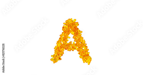 Vitamin A, pills in a oil orange l in the shape of the letter A isolated on a white background, 3d rendering