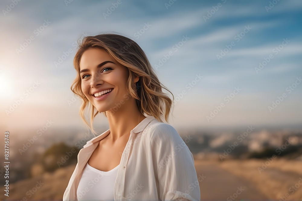 Photo of young happy positive attractive smiling girl wear beautiful outfit. Woman standing outside city. Photo of young happy positive attractive smiling girl wear beautiful outfit. Woman standing outside city.