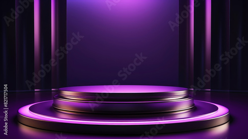 Minimalistic image of a podium for products. Studio lighting. Luxurious dark purple metallic color. Generative AI