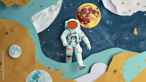 An oldfashioned art poster, astronaut and the moon appear, random themes, with paper and other elements, for advertising, printed, in the style of 1980s, minimalist retro art collage