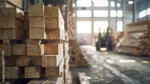 Stacks of lumber in a sunlit warehouse with a forklift in the background highlighting the industrial environment of wood processing and construction materials storage photo