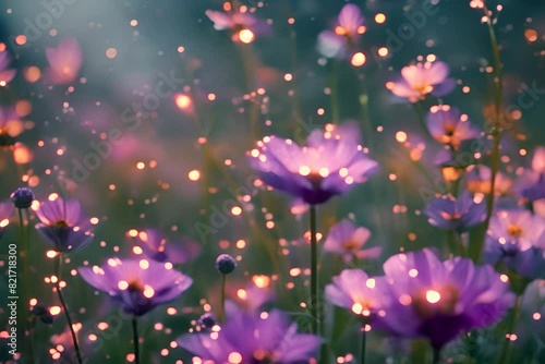 Field of cosmos flowers by night with sparkling bokeh lights. Morning summer or spring. Beautiful wildflowers, light blur, selective focus. Shallow depth of field. Spring flower field magical particle photo